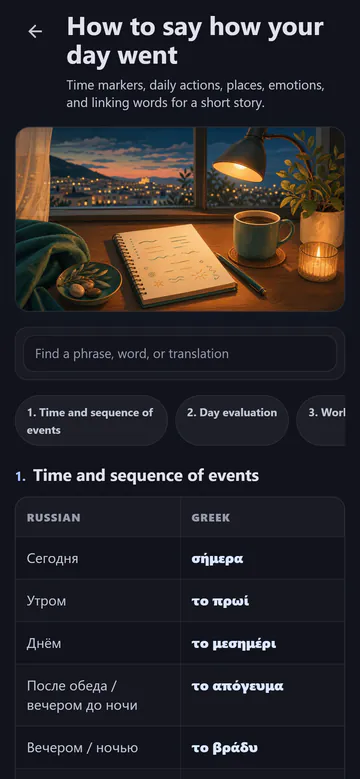 A2 situation card with Greek phrases and Russian translations