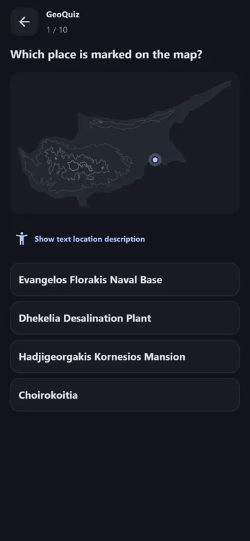 GeoQuiz showing a point on the map of Cyprus and place-name options