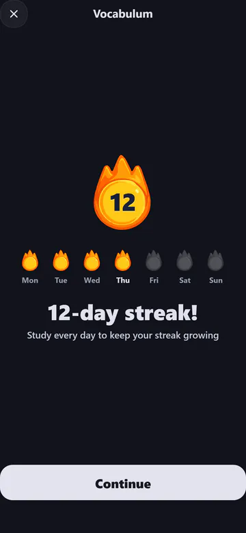 Vocabulum streak screen: 12 days of study in a row