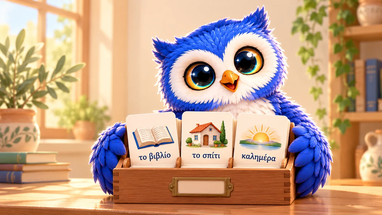 The blue owl presents a box of Greek vocabulary cards.