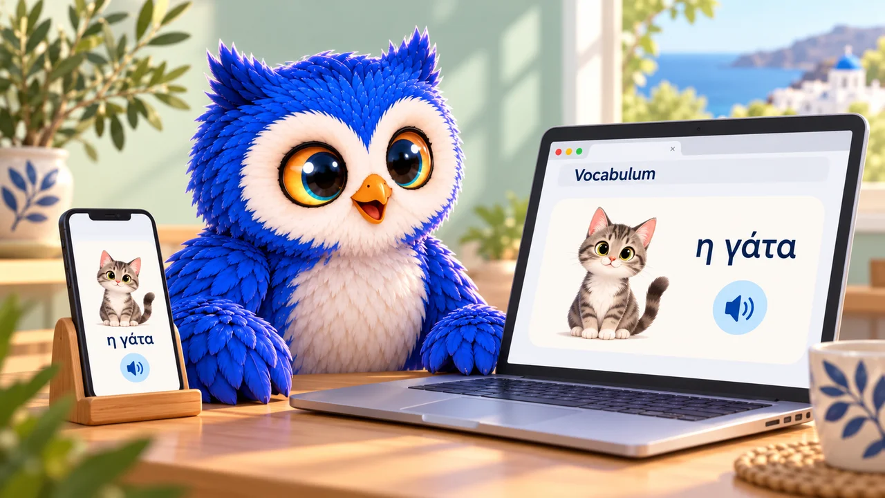 Blue owl studying Greek with the same flashcard open on a laptop and phone.