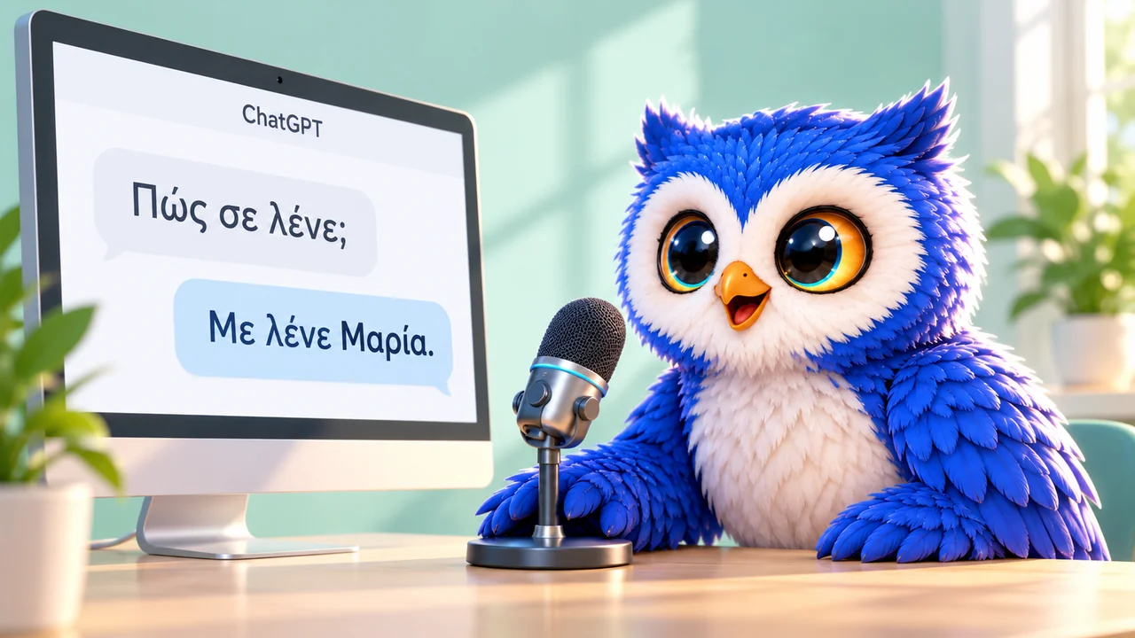 The blue owl practices speaking Greek with a ChatGPT conversation and a microphone.