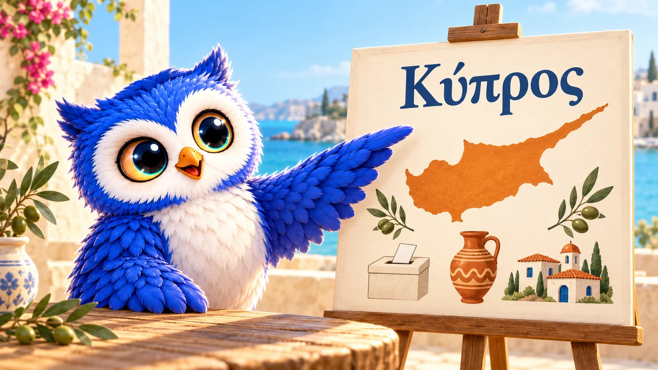 The owl presents a map of Cyprus and illustrations of its culture.
