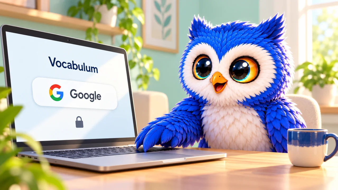 Blue owl beside a laptop showing a Google sign-in button.